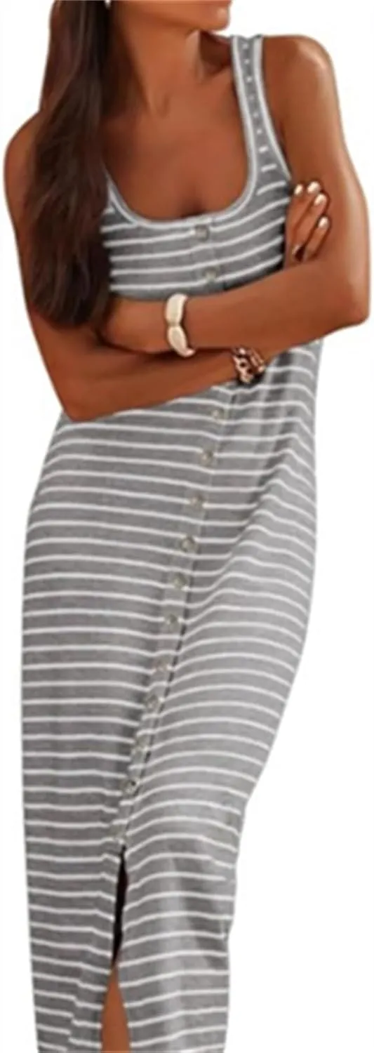 Women's Summer Stripes Maxi Dress Sleeveless Button Slim Square Neck Front Split Long Tank Dress