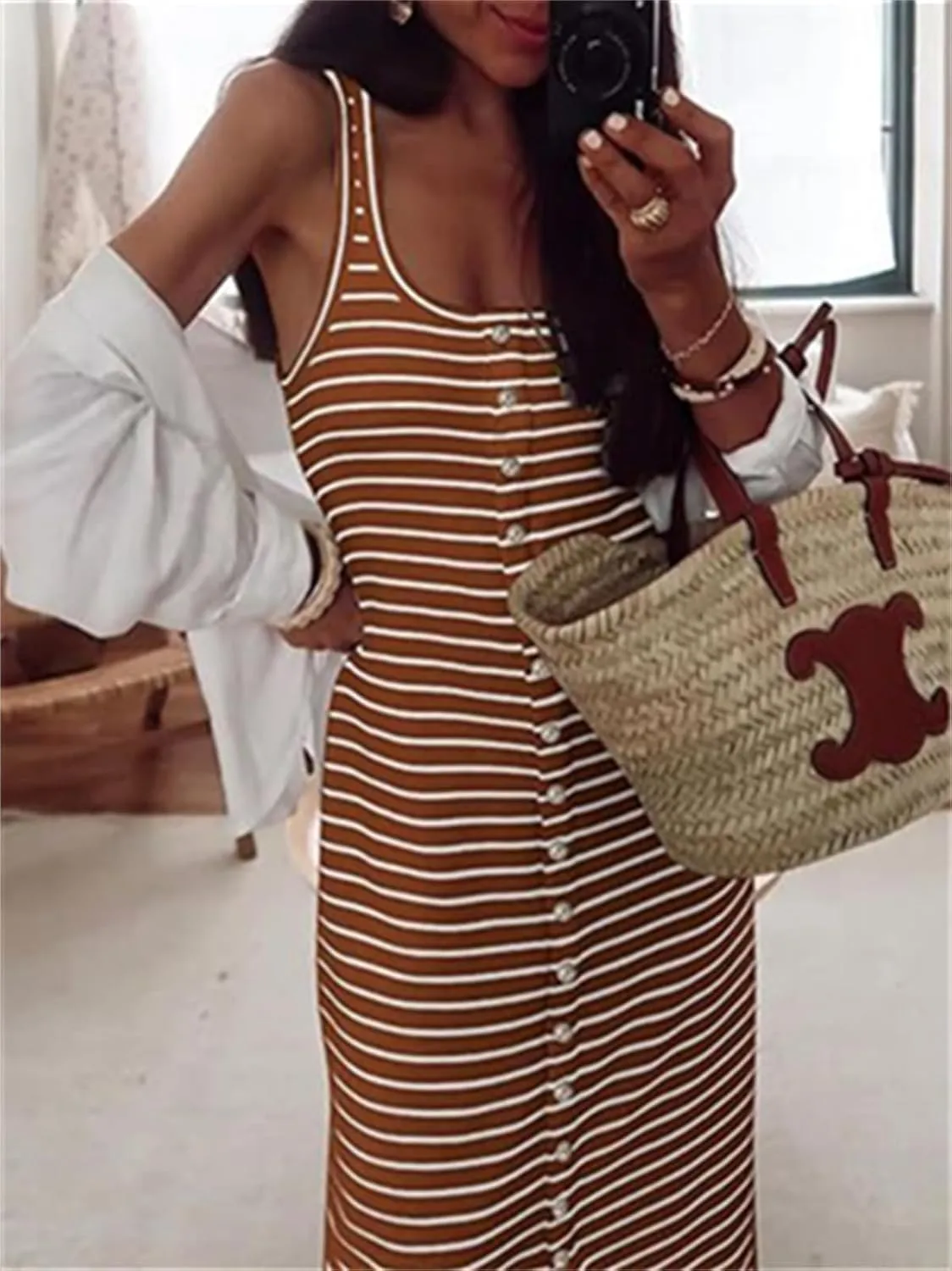 Women's Summer Stripes Maxi Dress Sleeveless Button Slim Square Neck Front Split Long Tank Dress