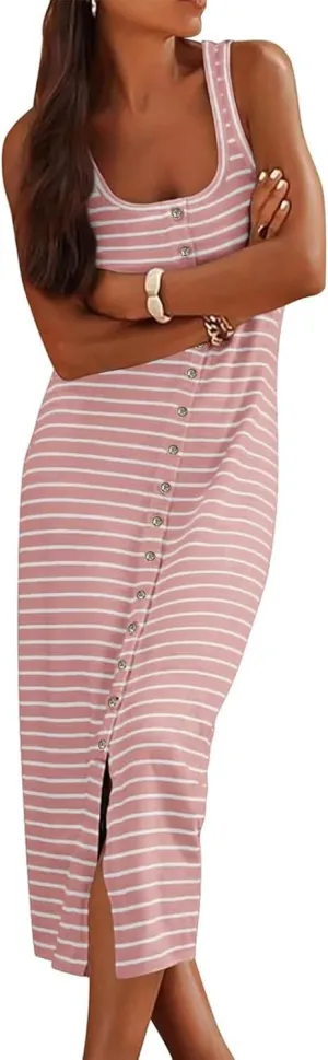 Women's Summer Stripes Maxi Dress Sleeveless Button Slim Square Neck Front Split Long Tank Dress