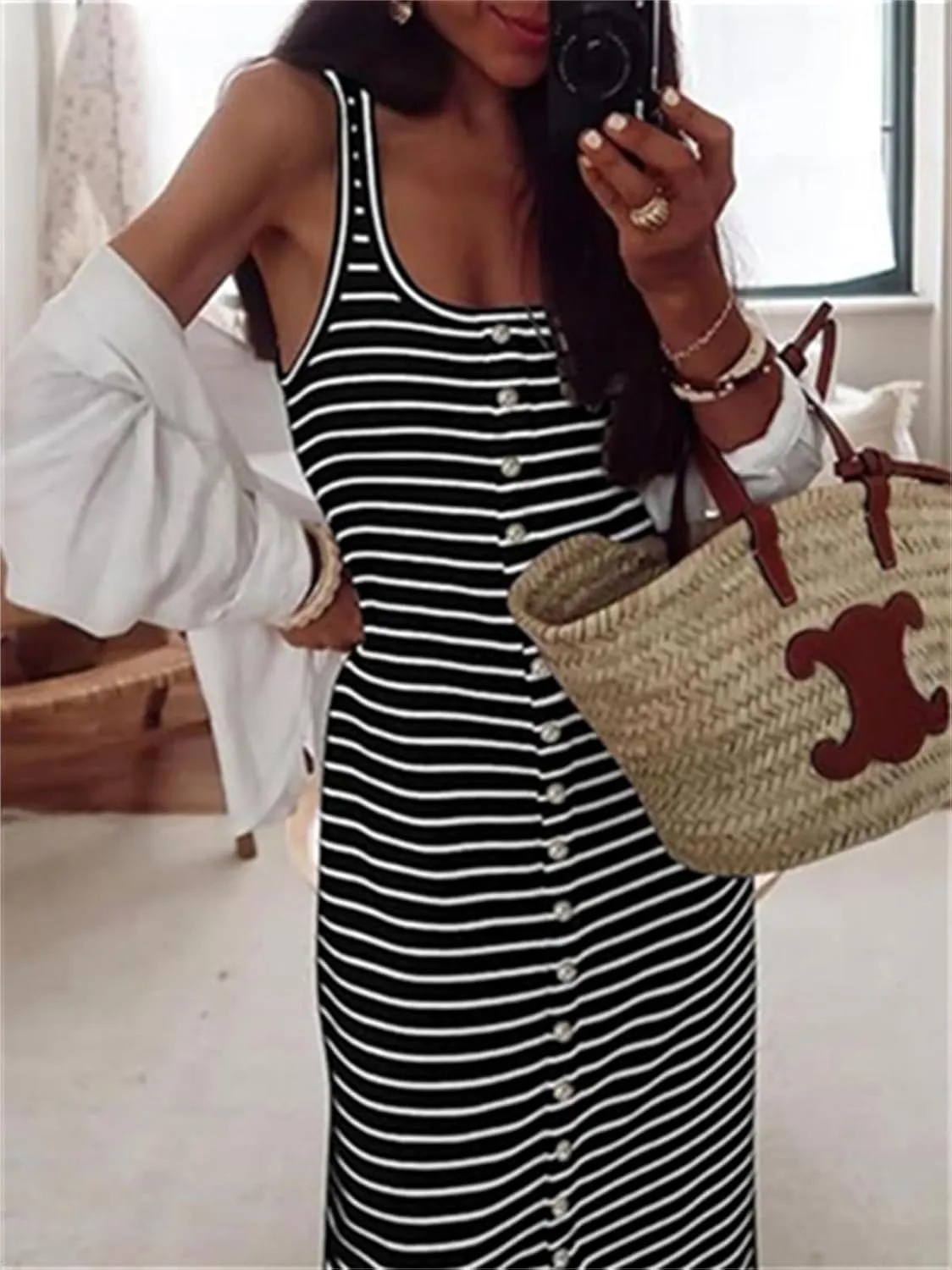 Women's Summer Stripes Maxi Dress Sleeveless Button Slim Square Neck Front Split Long Tank Dress