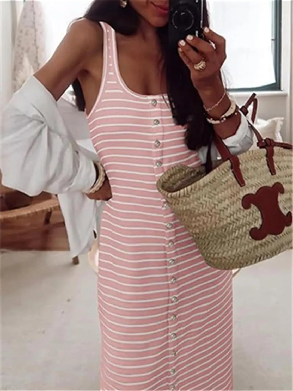 Women's Summer Stripes Maxi Dress Sleeveless Button Slim Square Neck Front Split Long Tank Dress