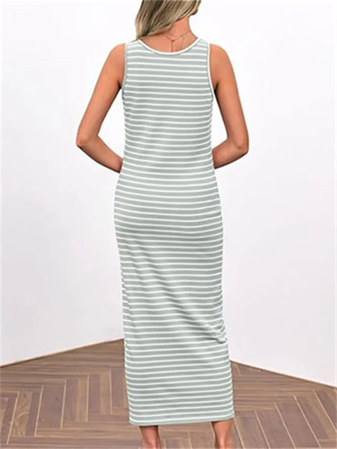 Women's Summer Stripes Maxi Dress Sleeveless Button Slim Square Neck Front Split Long Tank Dress