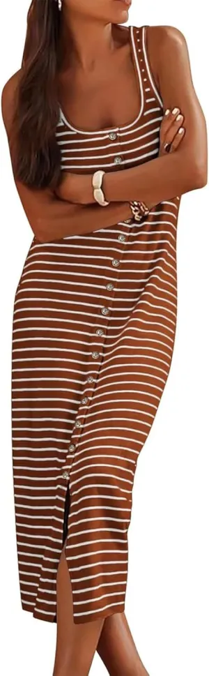 Women's Summer Stripes Maxi Dress Sleeveless Button Slim Square Neck Front Split Long Tank Dress