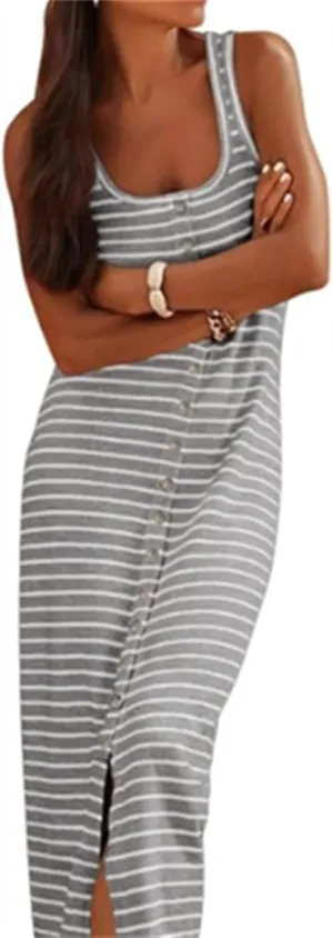 Women's Summer Stripes Maxi Dress Sleeveless Button Slim Square Neck Front Split Long Tank Dress