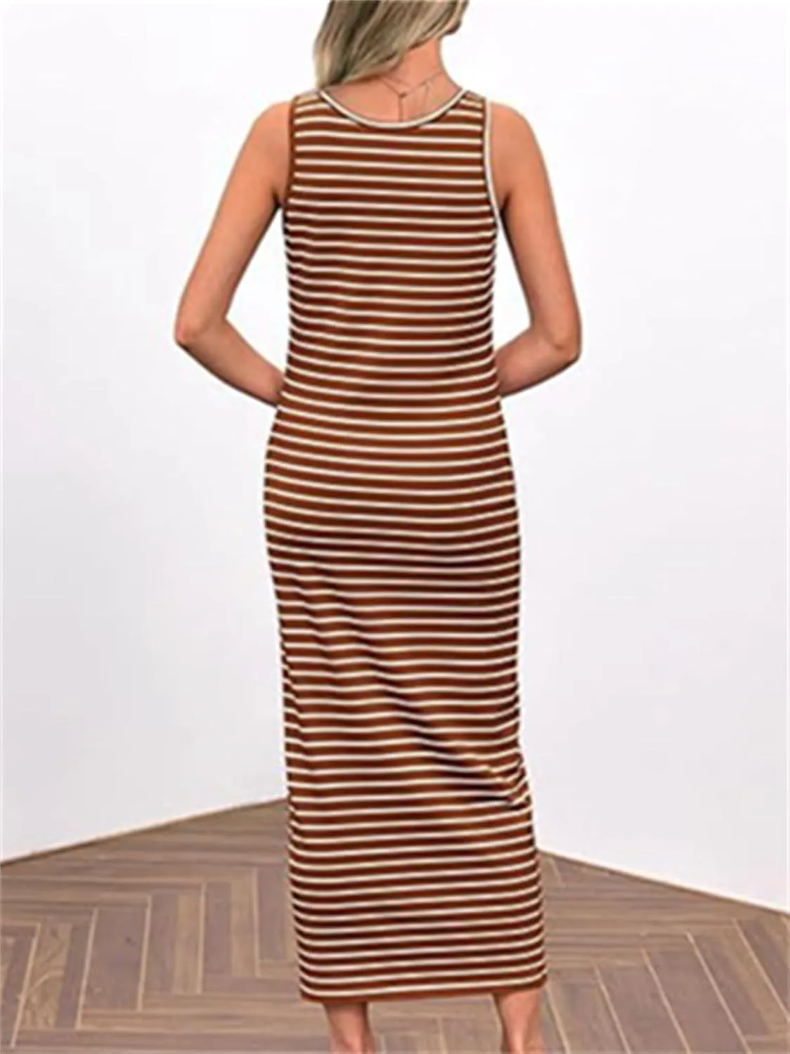 Women's Summer Stripes Maxi Dress Sleeveless Button Slim Square Neck Front Split Long Tank Dress