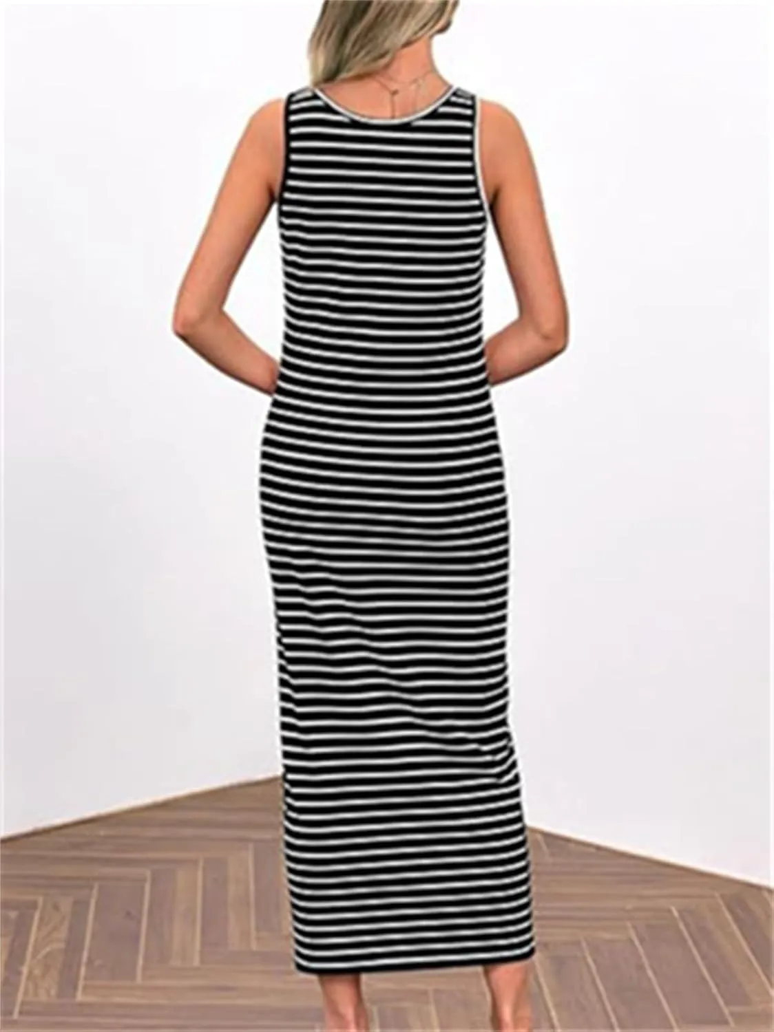 Women's Summer Stripes Maxi Dress Sleeveless Button Slim Square Neck Front Split Long Tank Dress