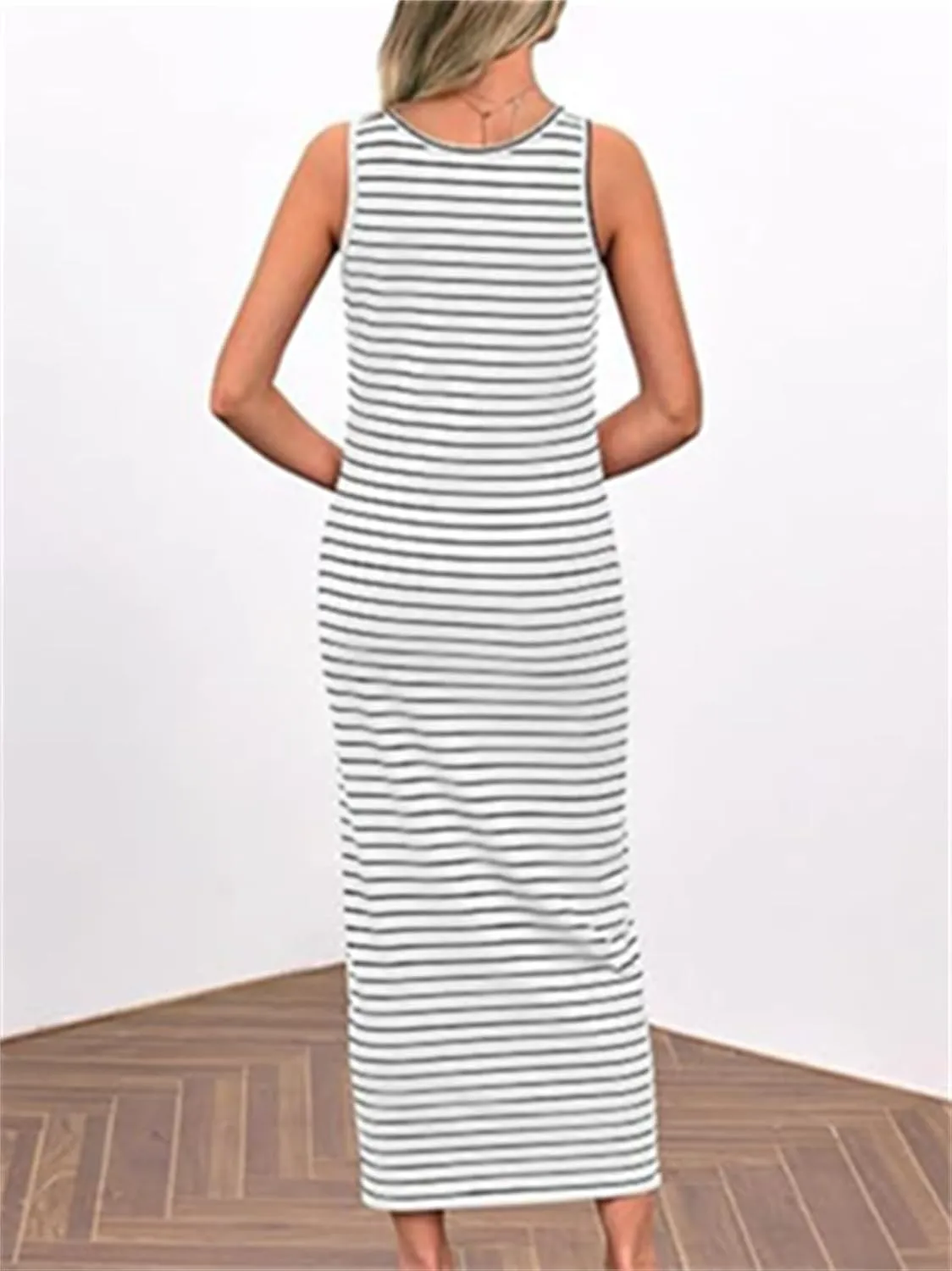 Women's Summer Stripes Maxi Dress Sleeveless Button Slim Square Neck Front Split Long Tank Dress