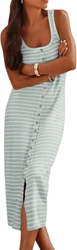 Women's Summer Stripes Maxi Dress Sleeveless Button Slim Square Neck Front Split Long Tank Dress