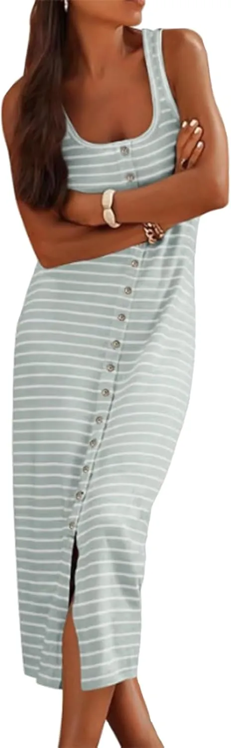 Women's Summer Stripes Maxi Dress Sleeveless Button Slim Square Neck Front Split Long Tank Dress