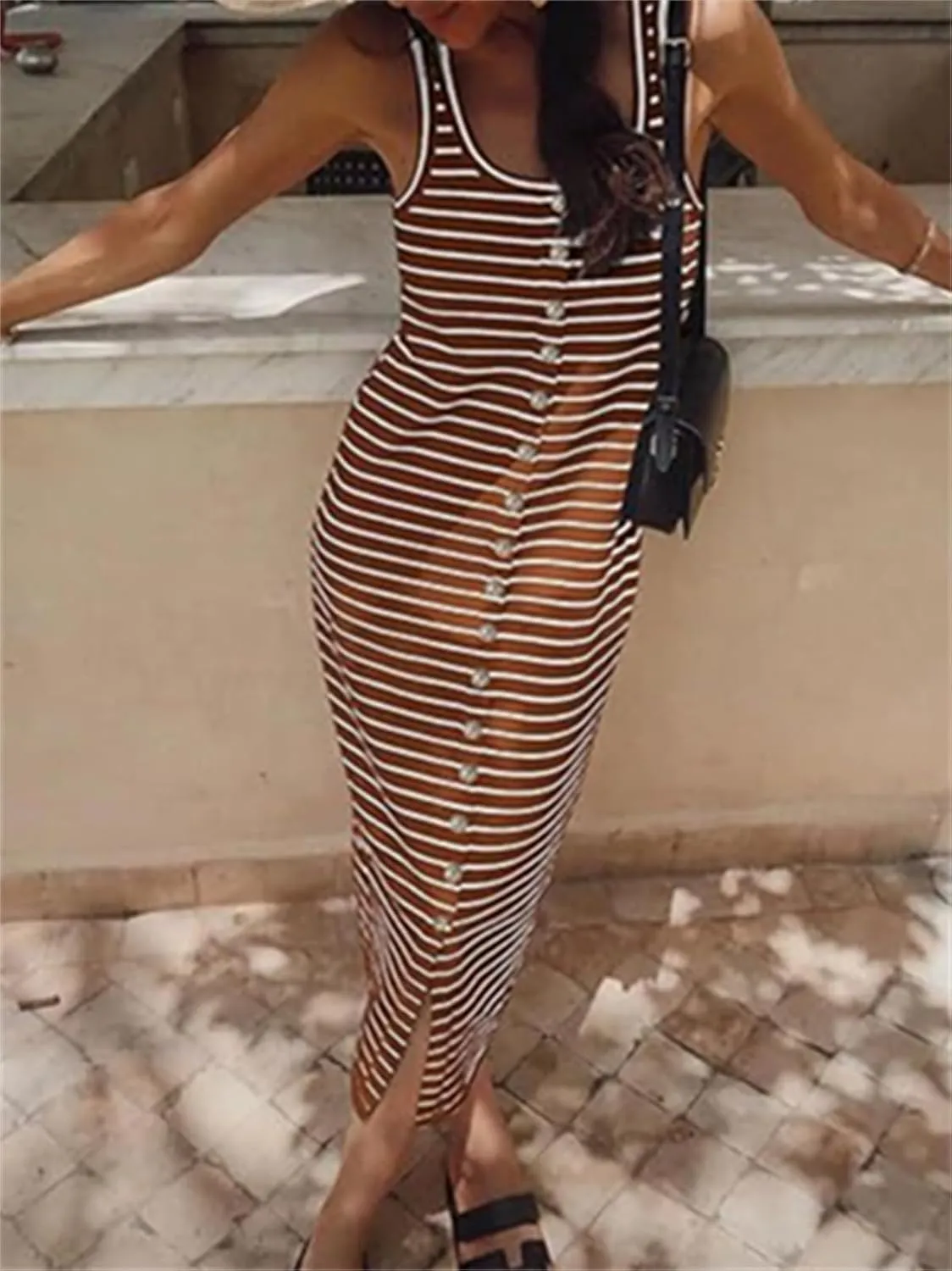 Women's Summer Stripes Maxi Dress Sleeveless Button Slim Square Neck Front Split Long Tank Dress