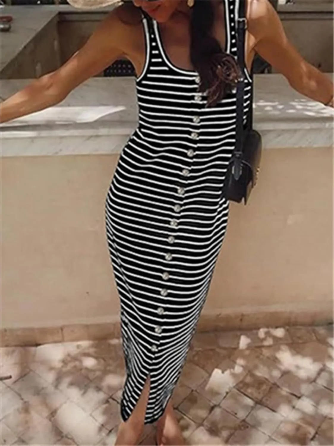Women's Summer Stripes Maxi Dress Sleeveless Button Slim Square Neck Front Split Long Tank Dress