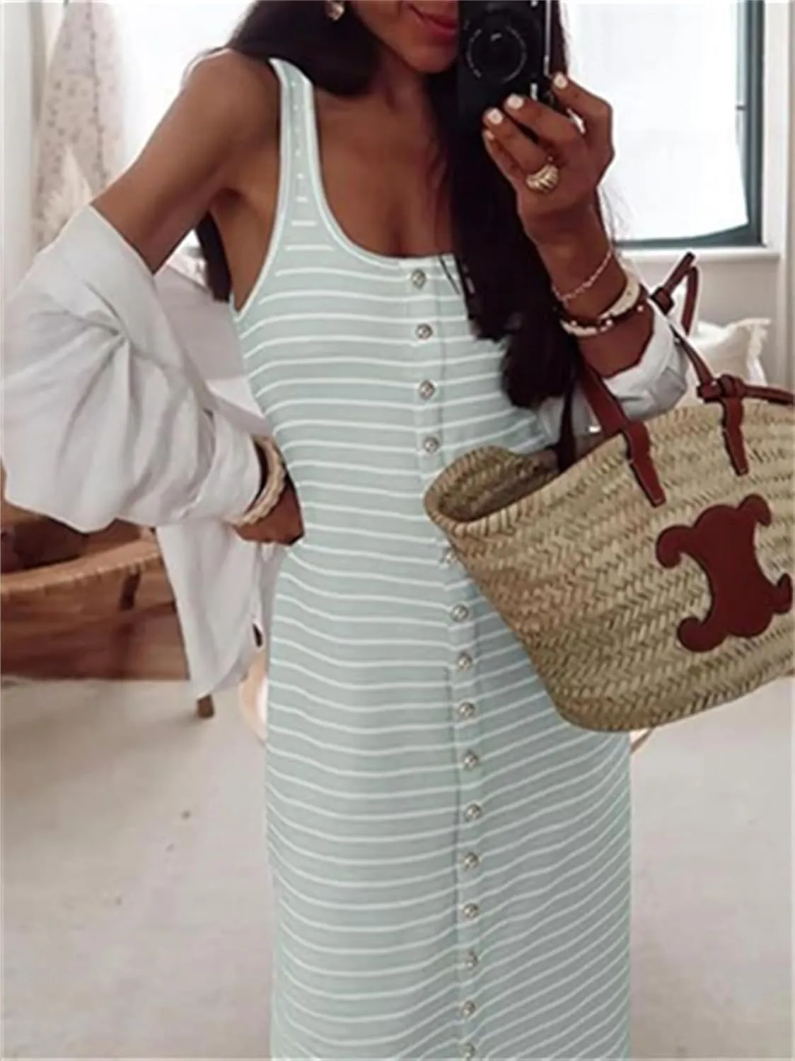 Women's Summer Stripes Maxi Dress Sleeveless Button Slim Square Neck Front Split Long Tank Dress