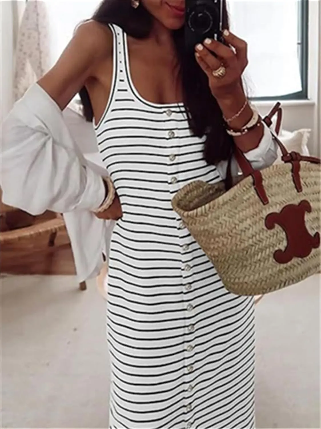 Women's Summer Stripes Maxi Dress Sleeveless Button Slim Square Neck Front Split Long Tank Dress