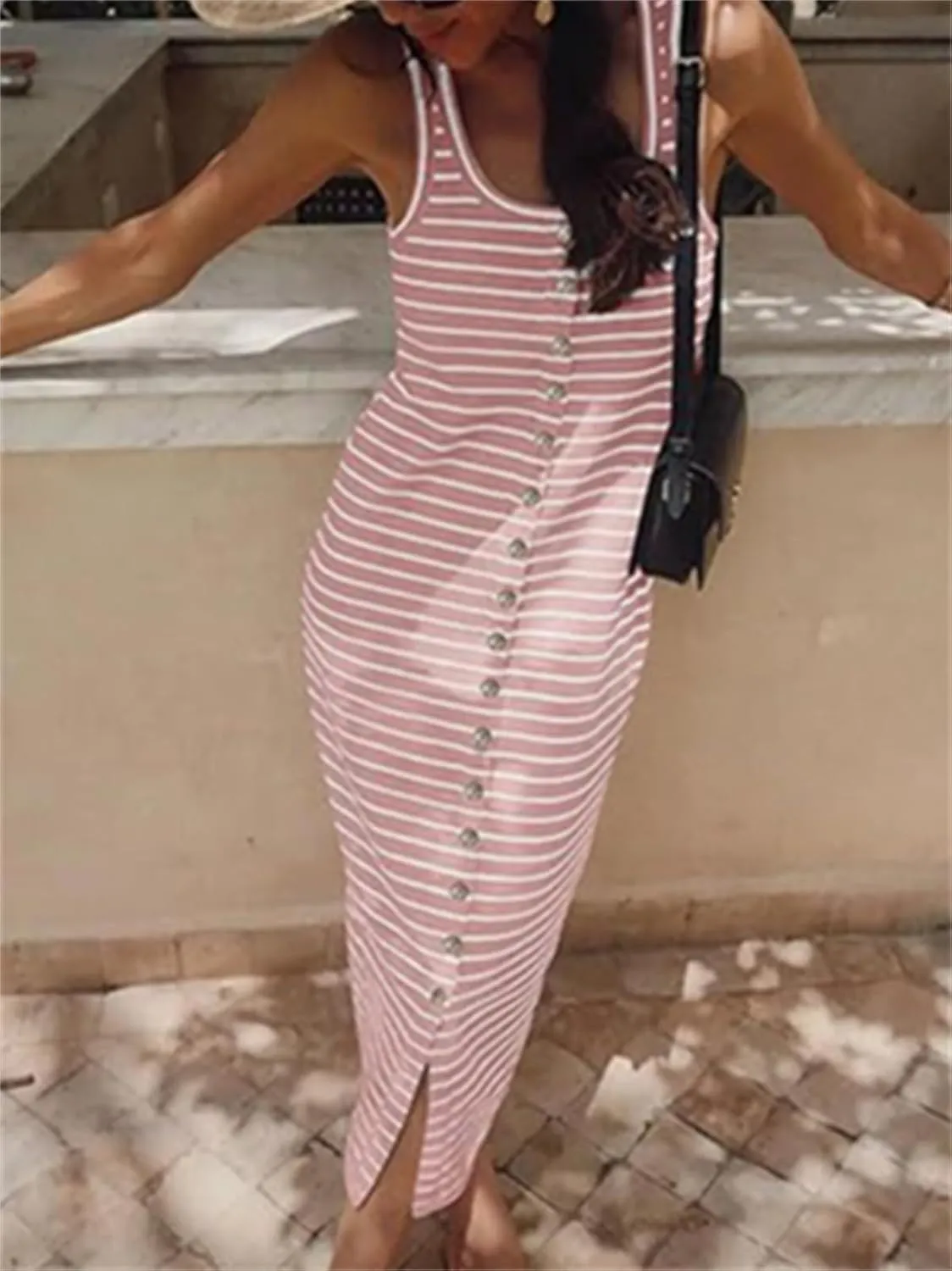 Women's Summer Stripes Maxi Dress Sleeveless Button Slim Square Neck Front Split Long Tank Dress