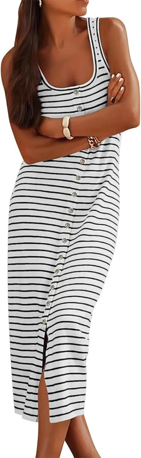 Women's Summer Stripes Maxi Dress Sleeveless Button Slim Square Neck Front Split Long Tank Dress