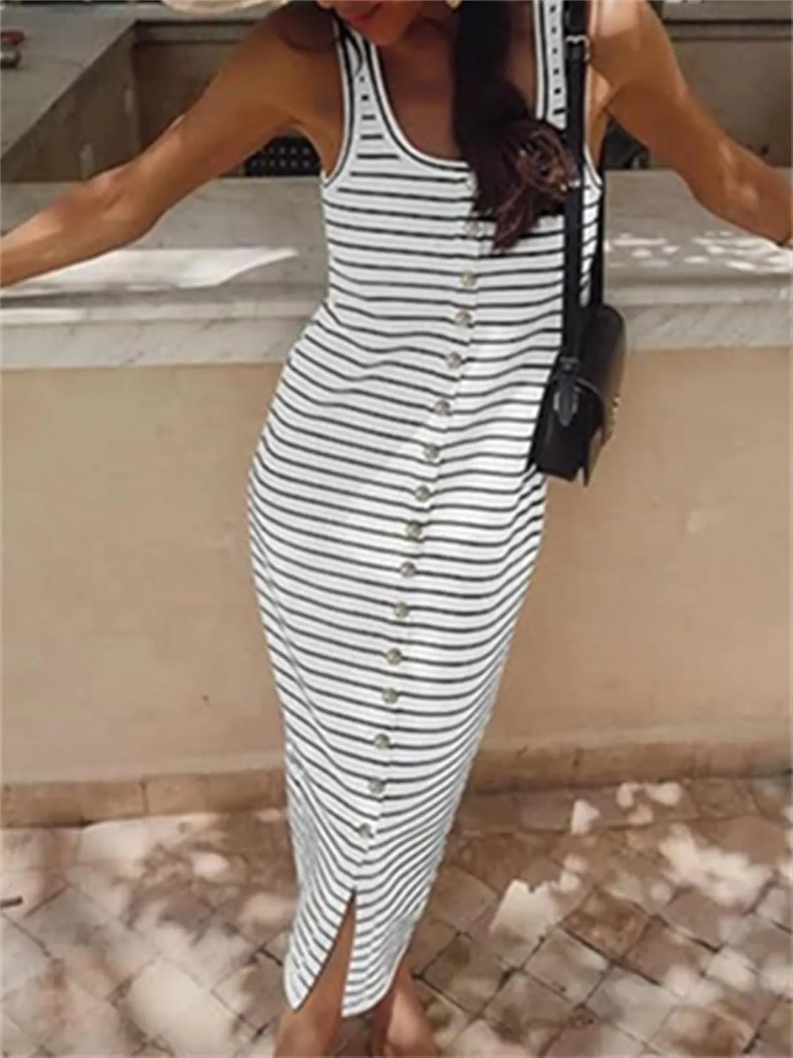 Women's Summer Stripes Maxi Dress Sleeveless Button Slim Square Neck Front Split Long Tank Dress