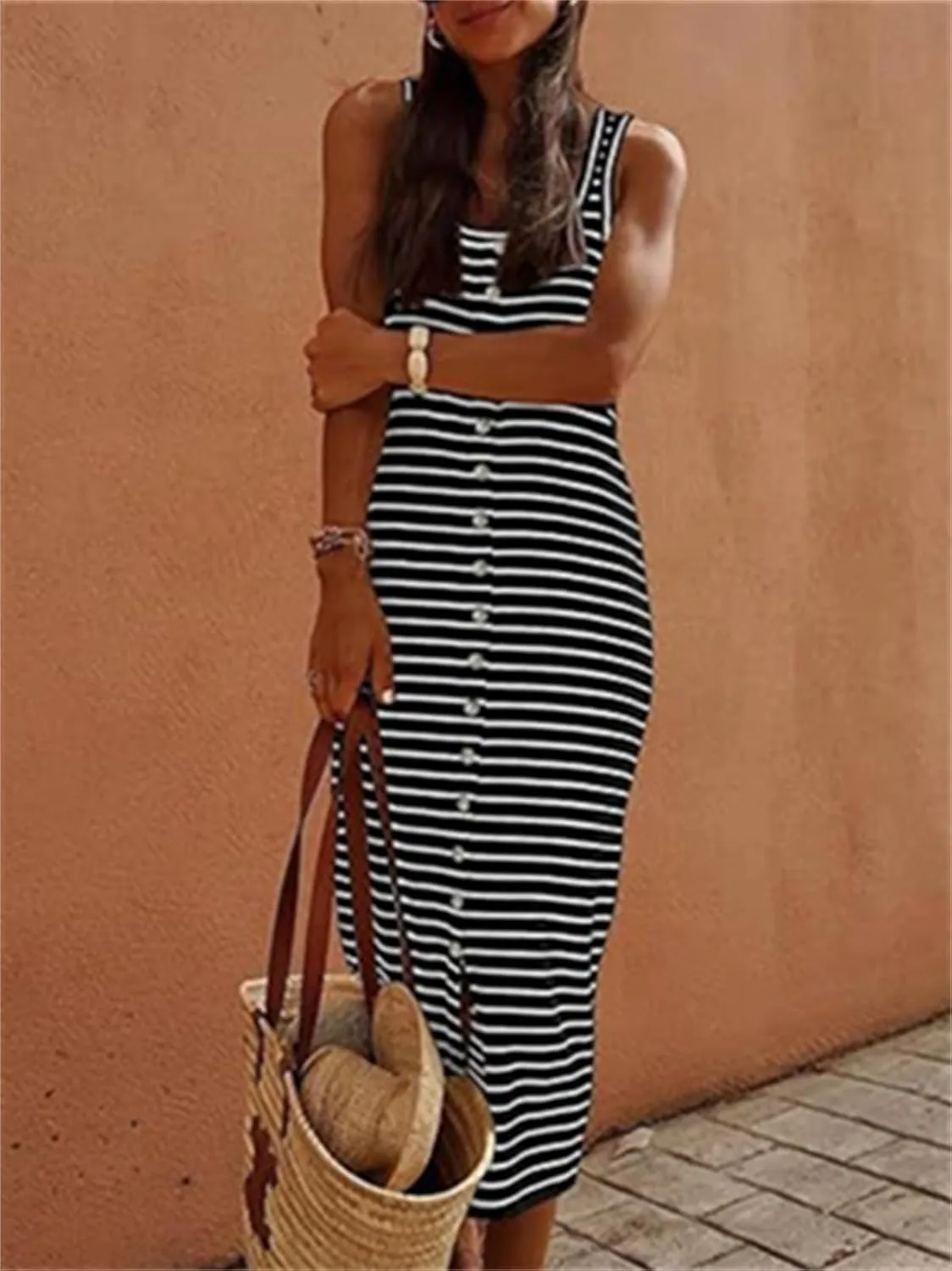 Women's Summer Stripes Maxi Dress Sleeveless Button Slim Square Neck Front Split Long Tank Dress