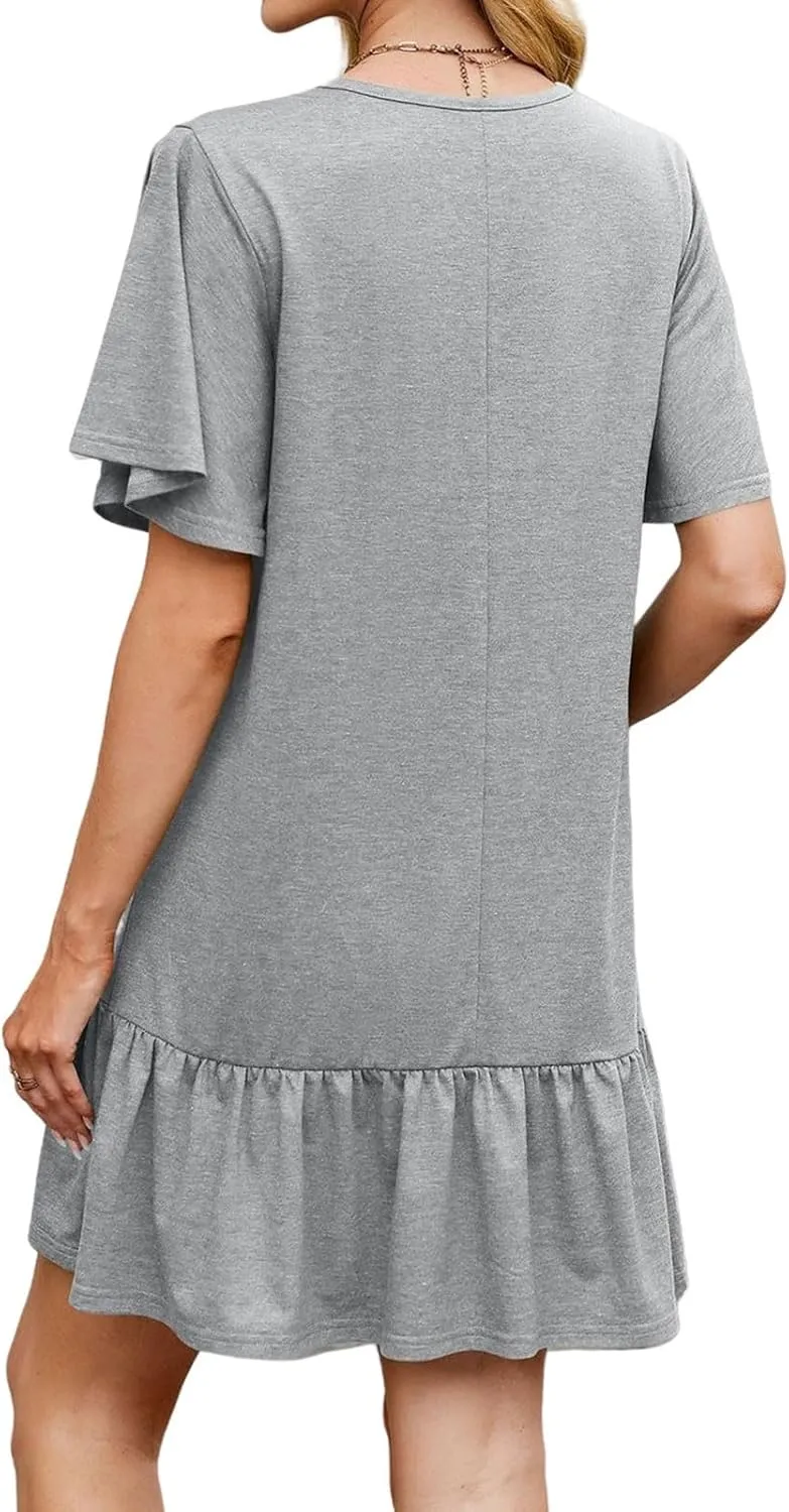 Womens Summer T Shirt Dress Ruffle Hem Casual Short Sleeve Crewneck Dresses Loose Fit Vacation Mini Dresses