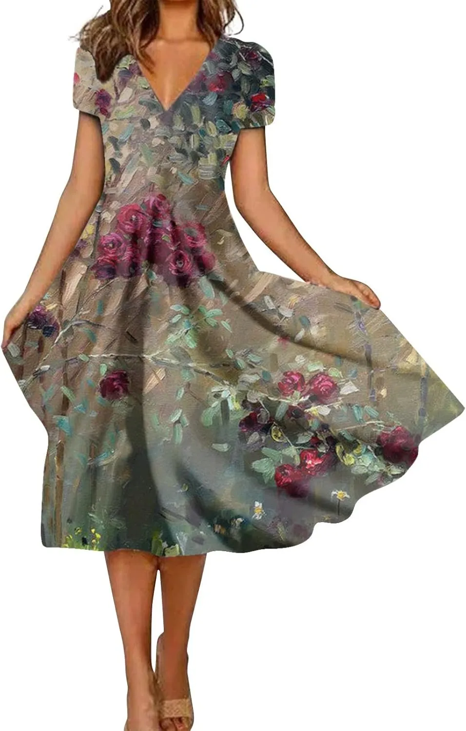Womens Summer Wrap Maxi Dress Boho Floral V Neck Short Sleeve Long Dress Cute Ruffle Hem High Waist A-Line Dress