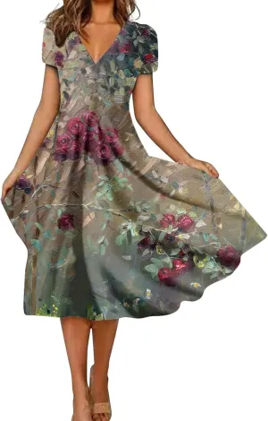 Womens Summer Wrap Maxi Dress Boho Floral V Neck Short Sleeve Long Dress Cute Ruffle Hem High Waist A-Line Dress