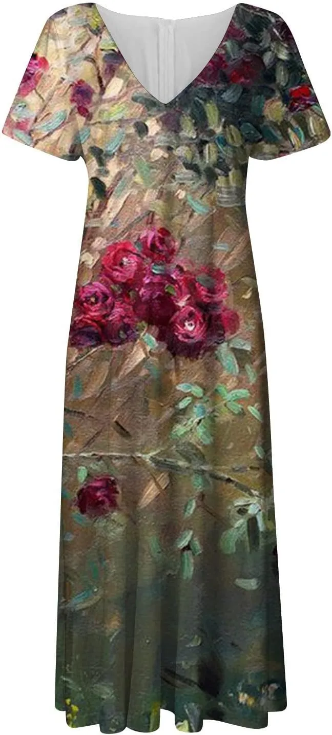 Womens Summer Wrap Maxi Dress Boho Floral V Neck Short Sleeve Long Dress Cute Ruffle Hem High Waist A-Line Dress