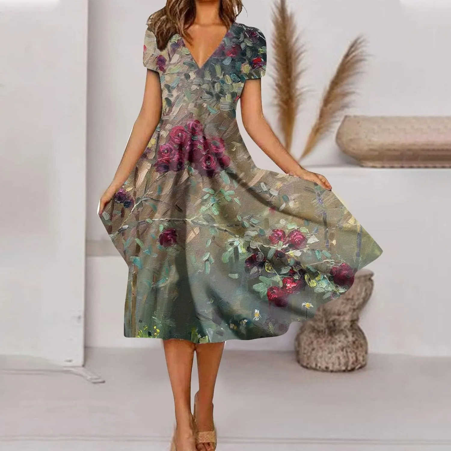 Womens Summer Wrap Maxi Dress Boho Floral V Neck Short Sleeve Long Dress Cute Ruffle Hem High Waist A-Line Dress