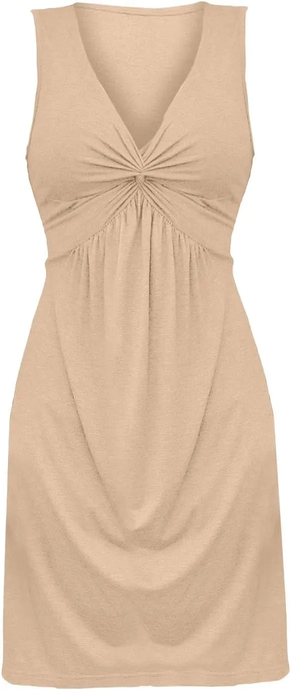 Women's Twist Front V Neck Ruffle Casual Summer Dress Sexy Elegant Sleeveless Club Party Tunic Bodycon Mini Dresses