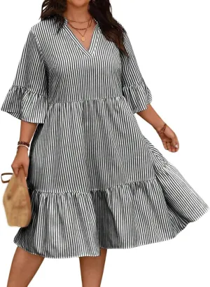 Women's V Neck Striped Dress Summer Tiered Layer Dresses Half Sleeve Flared Midi Dress Swing Ruffle Hem Dresses