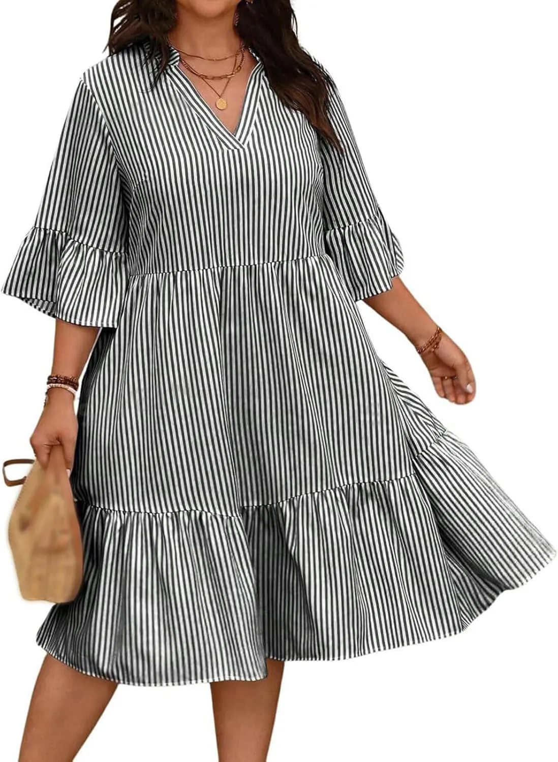 Women's V Neck Striped Dress Summer Tiered Layer Dresses Half Sleeve Flared Midi Dress Swing Ruffle Hem Dresses