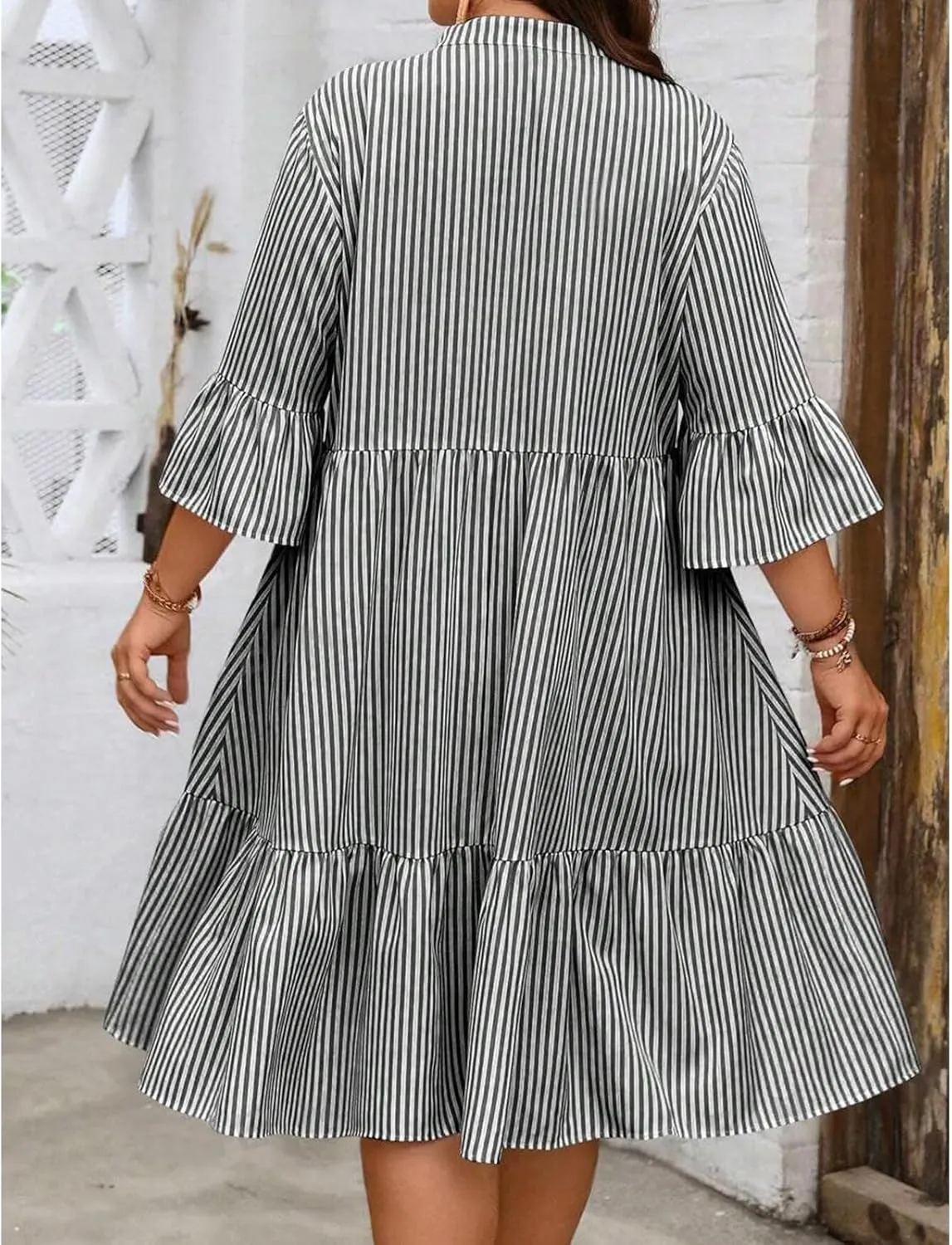 Women's V Neck Striped Dress Summer Tiered Layer Dresses Half Sleeve Flared Midi Dress Swing Ruffle Hem Dresses