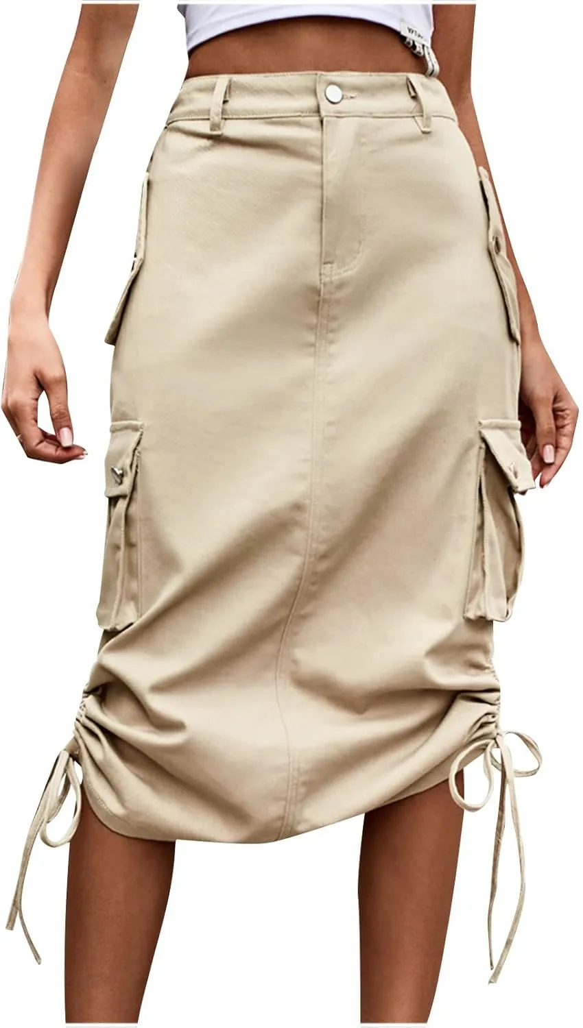 Women's Y2K Cargo Skirt High Waisted Jean Midi Skirts with Flap Pocket Casual A-Line Midi Long Denim Skirt