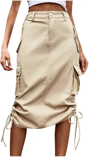 Women's Y2K Cargo Skirt High Waisted Jean Midi Skirts with Flap Pocket Casual A-Line Midi Long Denim Skirt