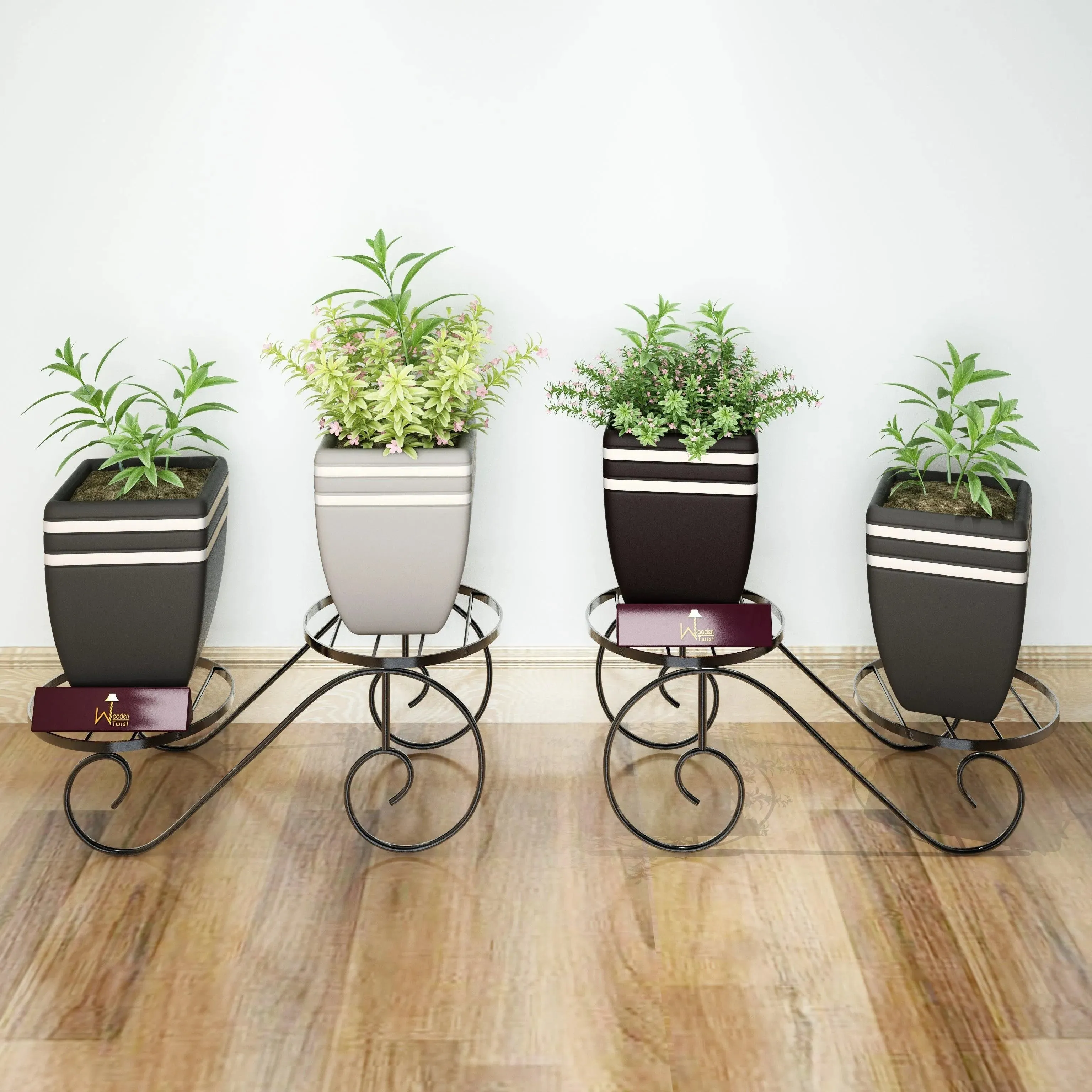 Wooden Twist 2-Tier Wrought Iron Planter Stand (Set of 2)