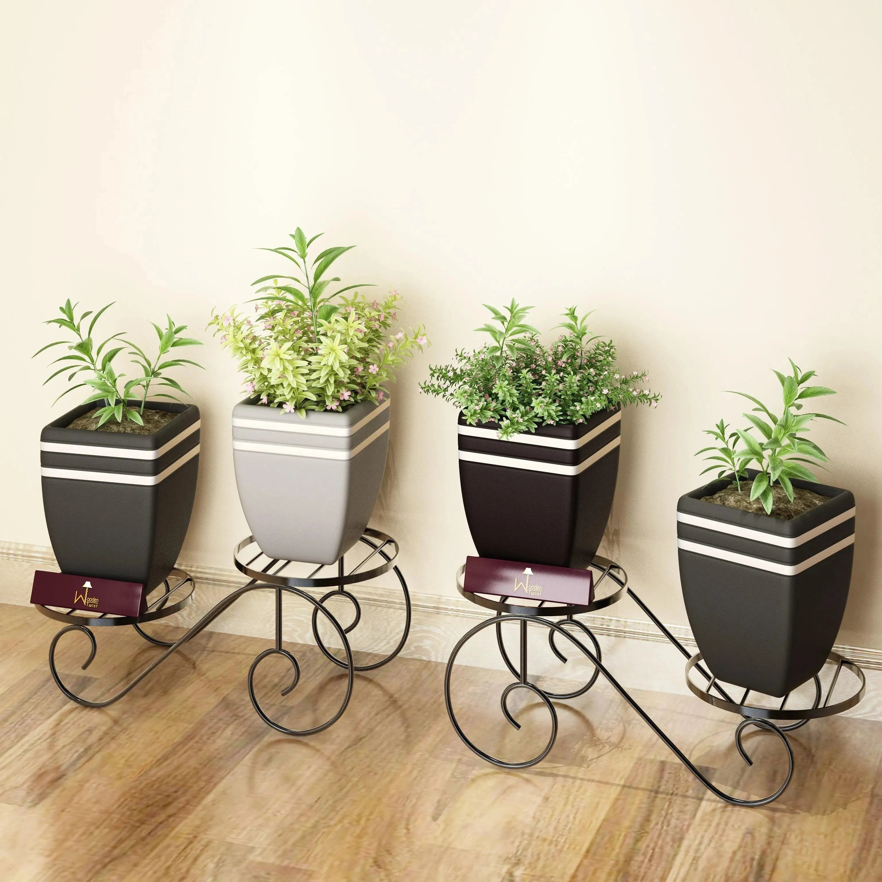 Wooden Twist 2-Tier Wrought Iron Planter Stand (Set of 2)