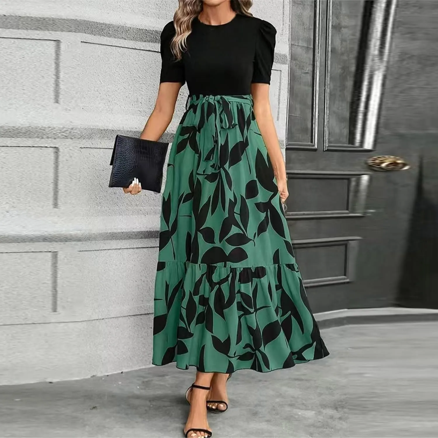 Work Dresses for Women 2025 Elegant Classy Summer Empire Waist Short Sleeve A Line Dress Wedding Guest Wrap Sundress