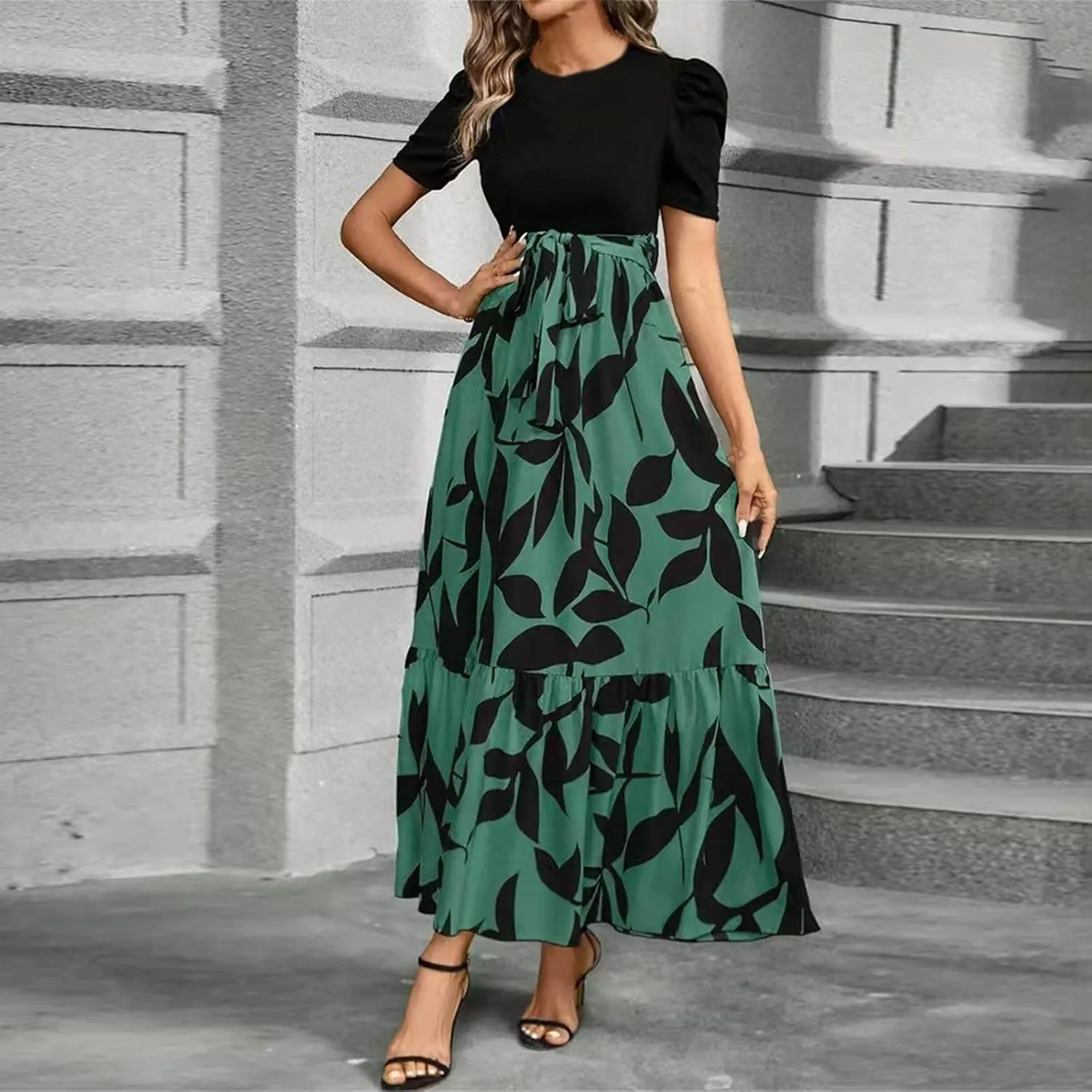 Work Dresses for Women 2025 Elegant Classy Summer Empire Waist Short Sleeve A Line Dress Wedding Guest Wrap Sundress