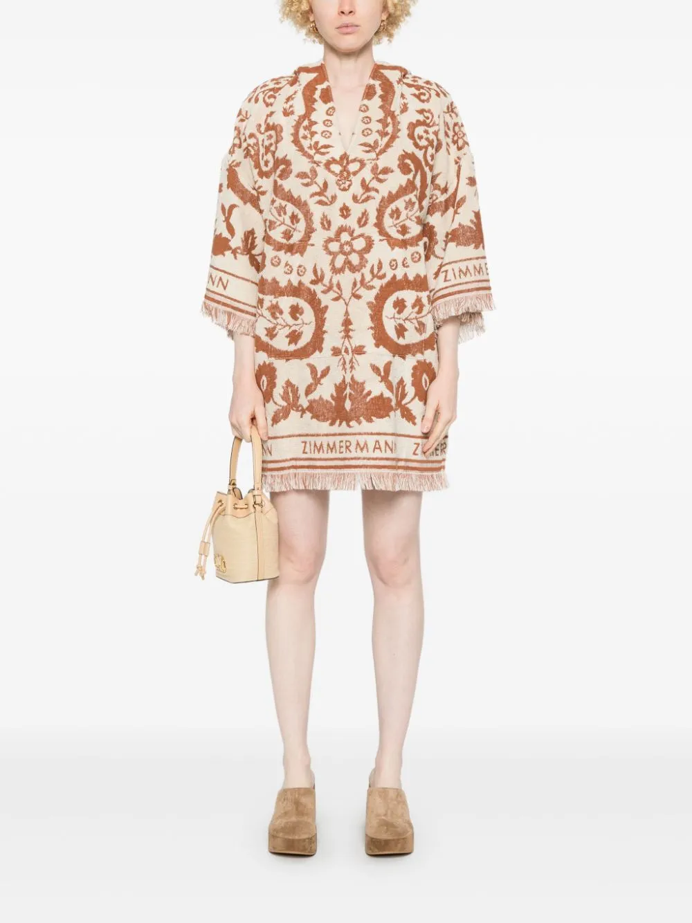 Wylie Hooded Toweling Dress in Cream/Tan