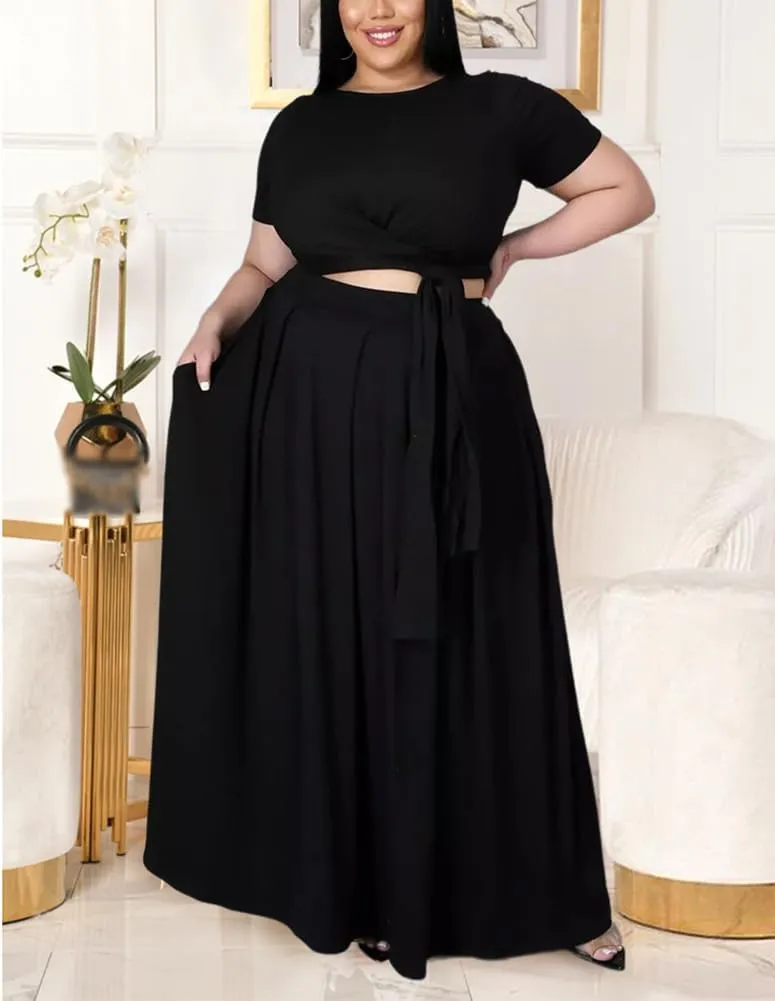 XYGJZ Women Plus Size 2 Piece Dress Outfits Short Sleeve Bandage Tie Up Crop Top and Maxi Skirt Set