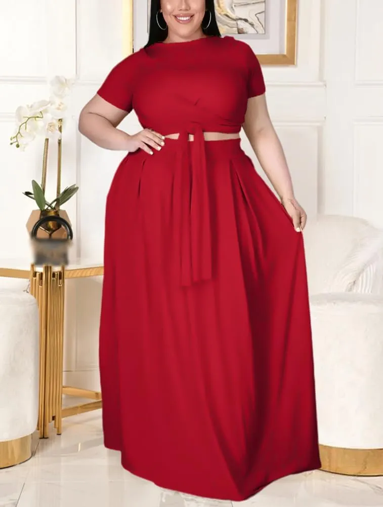 XYGJZ Women Plus Size 2 Piece Dress Outfits Short Sleeve Bandage Tie Up Crop Top and Maxi Skirt Set