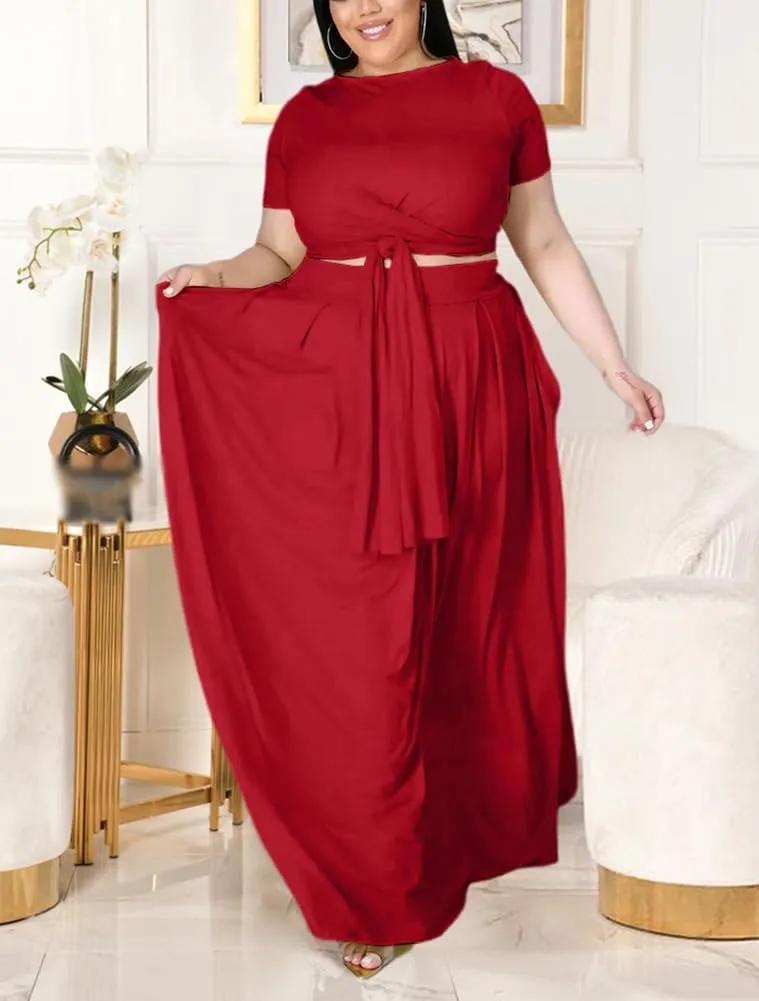 XYGJZ Women Plus Size 2 Piece Dress Outfits Short Sleeve Bandage Tie Up Crop Top and Maxi Skirt Set