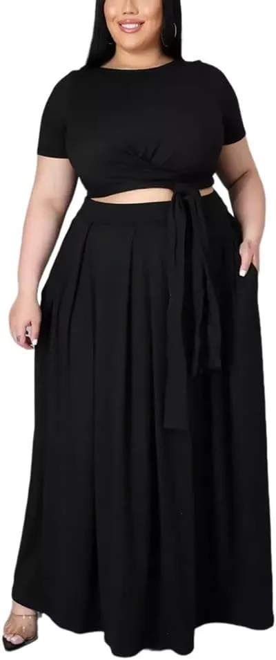 XYGJZ Women Plus Size 2 Piece Dress Outfits Short Sleeve Bandage Tie Up Crop Top and Maxi Skirt Set