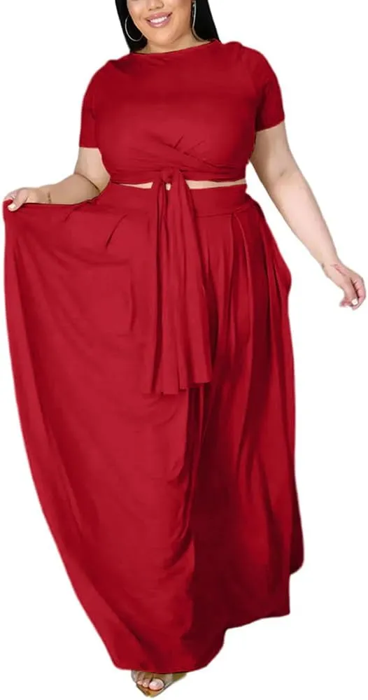 XYGJZ Women Plus Size 2 Piece Dress Outfits Short Sleeve Bandage Tie Up Crop Top and Maxi Skirt Set