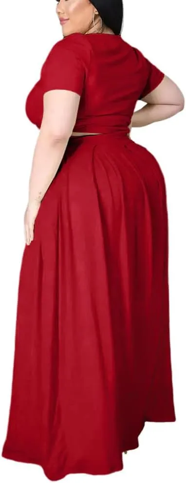 XYGJZ Women Plus Size 2 Piece Dress Outfits Short Sleeve Bandage Tie Up Crop Top and Maxi Skirt Set