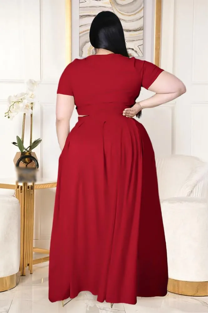 XYGJZ Women Plus Size 2 Piece Dress Outfits Short Sleeve Bandage Tie Up Crop Top and Maxi Skirt Set