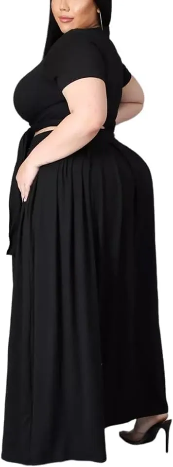 XYGJZ Women Plus Size 2 Piece Dress Outfits Short Sleeve Bandage Tie Up Crop Top and Maxi Skirt Set