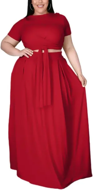 XYGJZ Women Plus Size 2 Piece Dress Outfits Short Sleeve Bandage Tie Up Crop Top and Maxi Skirt Set
