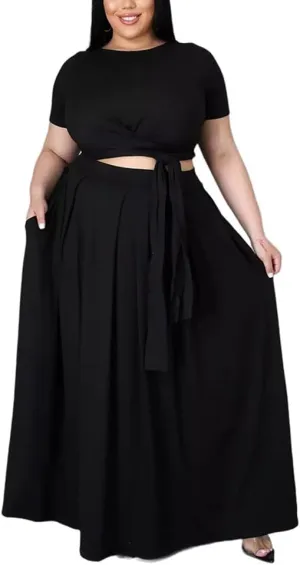 XYGJZ Women Plus Size 2 Piece Dress Outfits Short Sleeve Bandage Tie Up Crop Top and Maxi Skirt Set