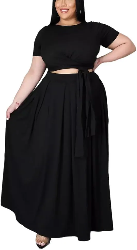 XYGJZ Women Plus Size 2 Piece Dress Outfits Short Sleeve Bandage Tie Up Crop Top and Maxi Skirt Set
