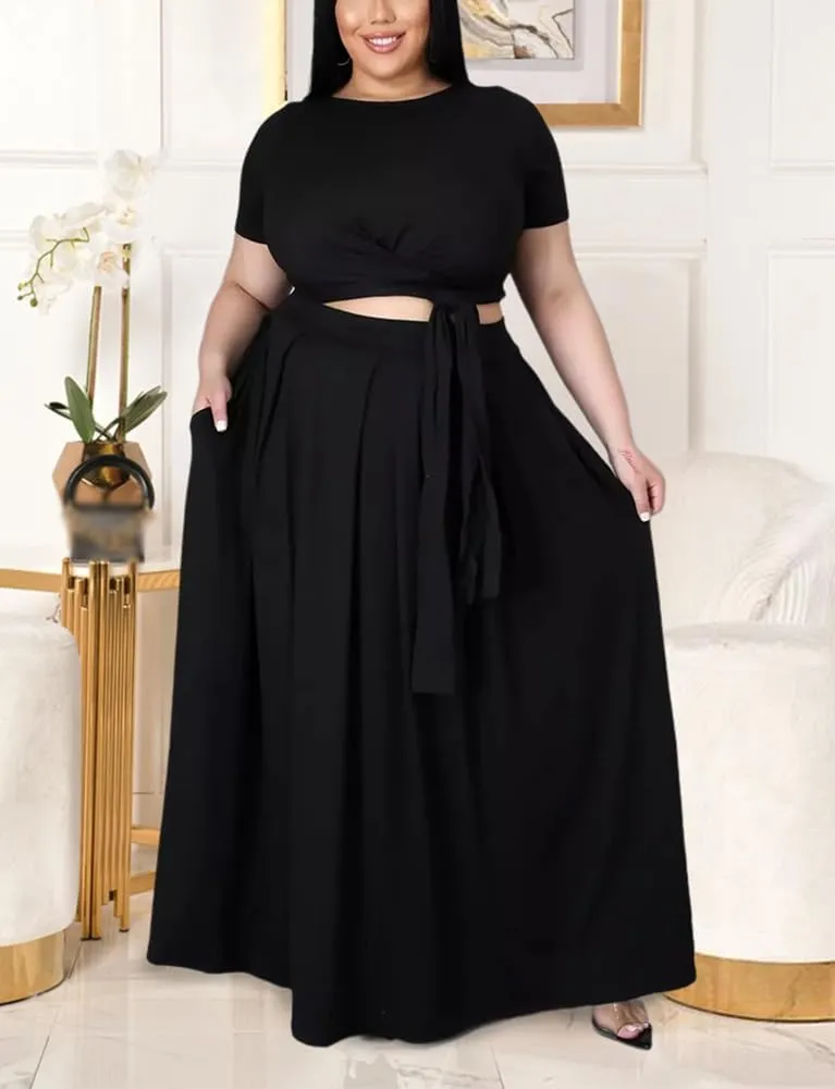 XYGJZ Women Plus Size 2 Piece Dress Outfits Short Sleeve Bandage Tie Up Crop Top and Maxi Skirt Set