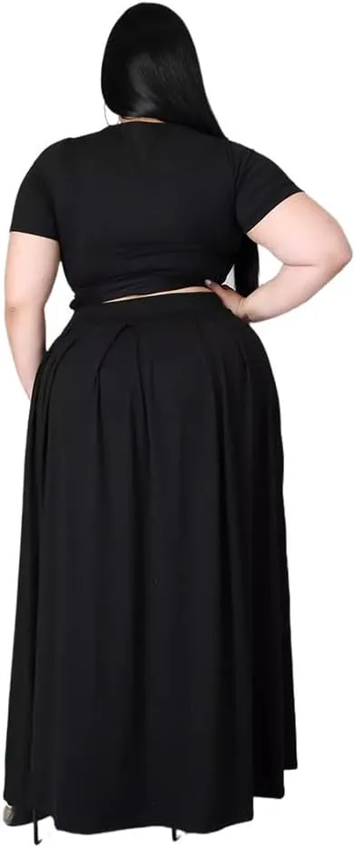 XYGJZ Women Plus Size 2 Piece Dress Outfits Short Sleeve Bandage Tie Up Crop Top and Maxi Skirt Set